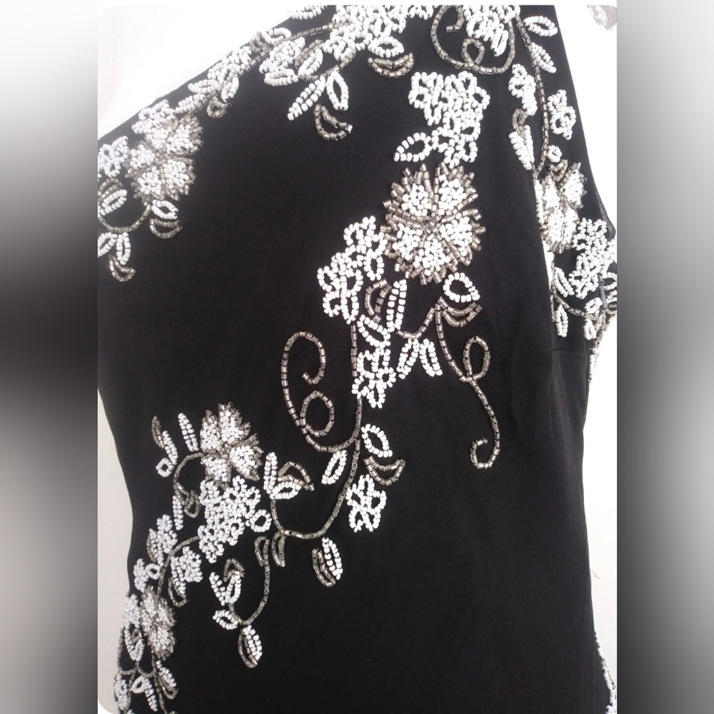 Vintage Y2k 90s Silk Art Deco beaded Bias Cut Dress Gown Size Large Black & Whit